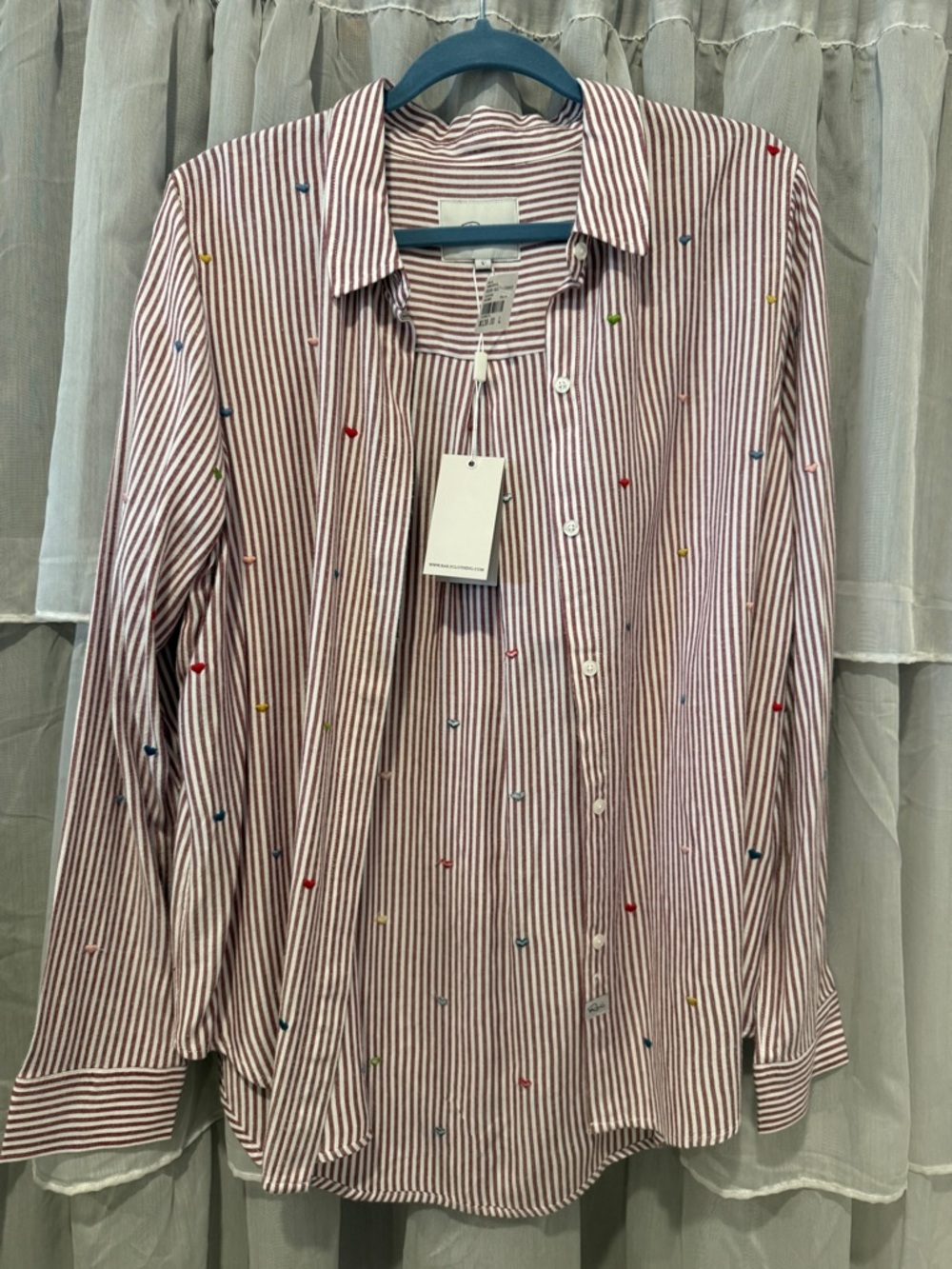Rails Red and White Striped Button-Down Shirt with Multicolor Embroidery